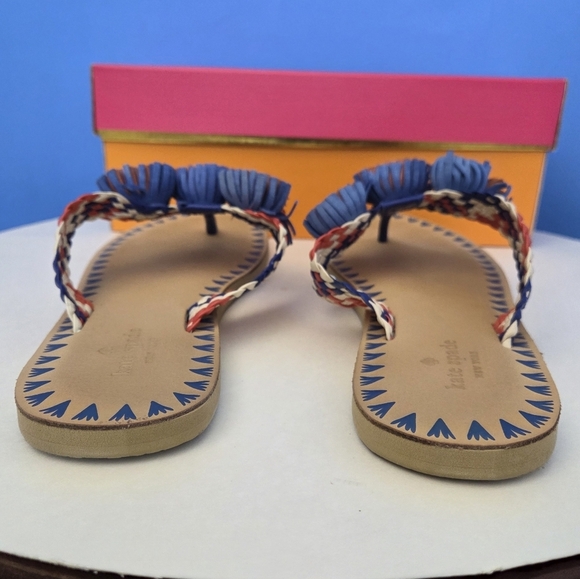 Kate Spade Idette Fringe Rosette Pom Sandal Flip Flop Blue Tangelo Tan Women’s 9 - Picture 13 of 15